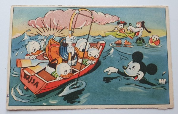 Anders fisker med ungerne, Mickey og Fedtmule svømmer, Minnie ror, brugt, sendt i 1960, Serie 63.jpg